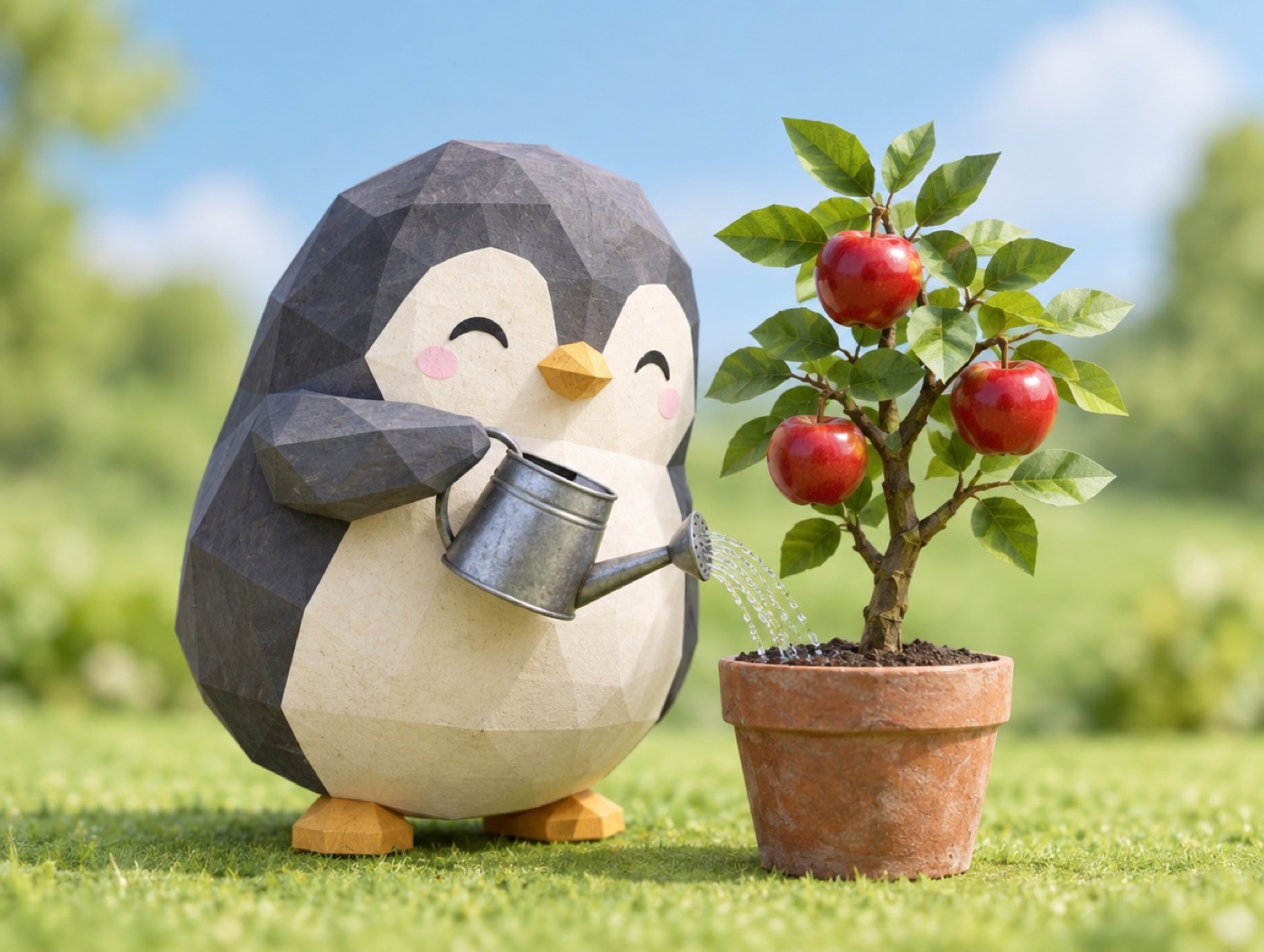 A chubby low-poly wood and paper penguin watering a small apple tree in a pot