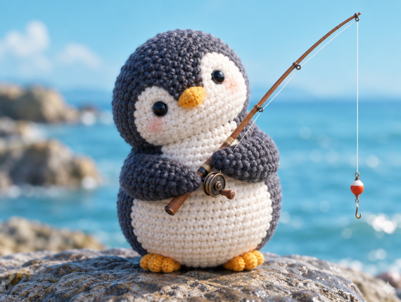 A crocheted penguin holding a small fishing rod and listening with curious eyes