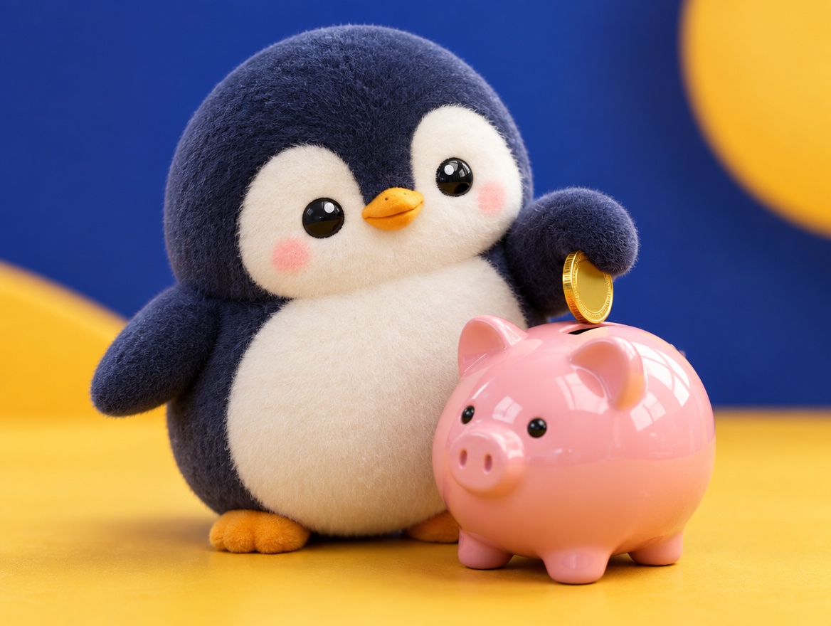 A chubby chenille yarn penguin dropping a gold coin into a pink piggy bank
