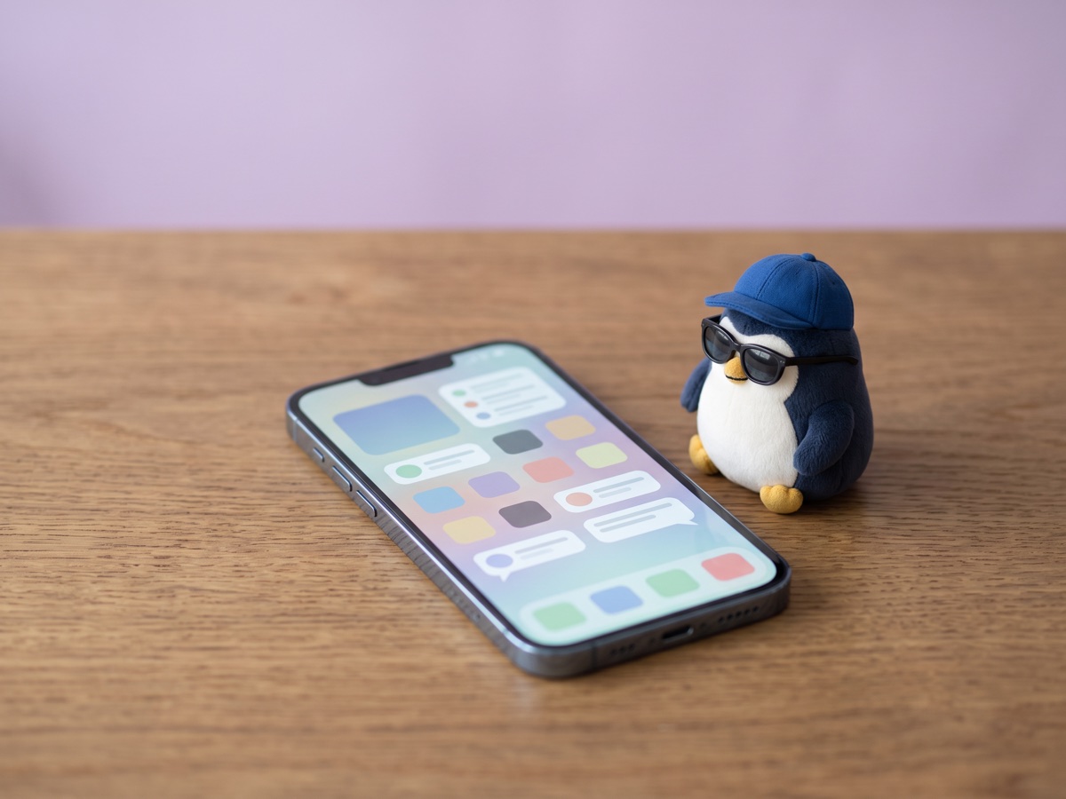 A small navy plush penguin with a blue cap and sunglasses sits next to a smartphone on a wooden table