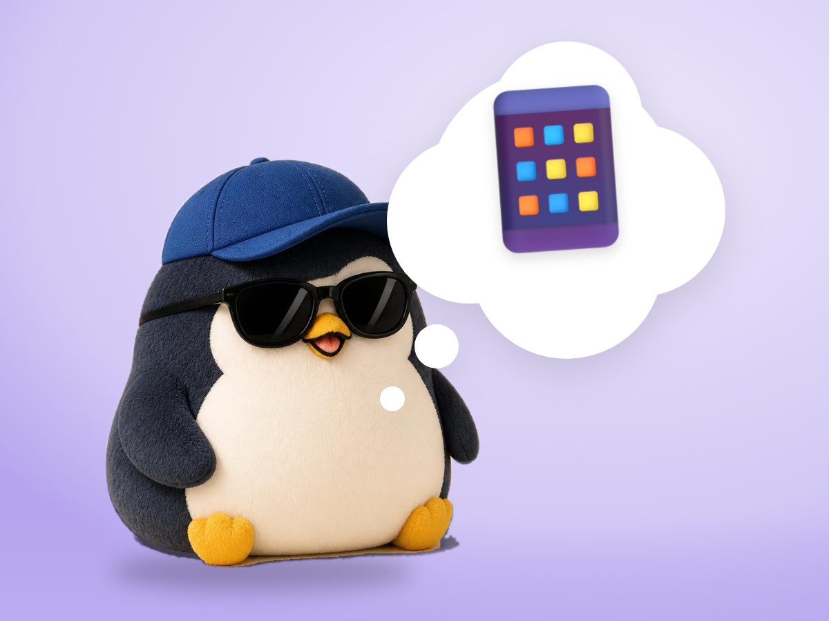 A navy plush penguin with sunglasses thinking about a phone in a thought bubble