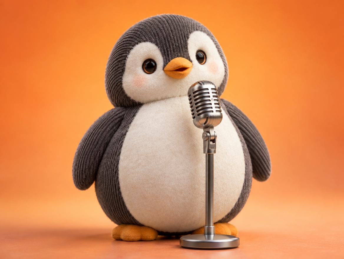 A plush corduroy penguin speaking calmly into a vintage microphone