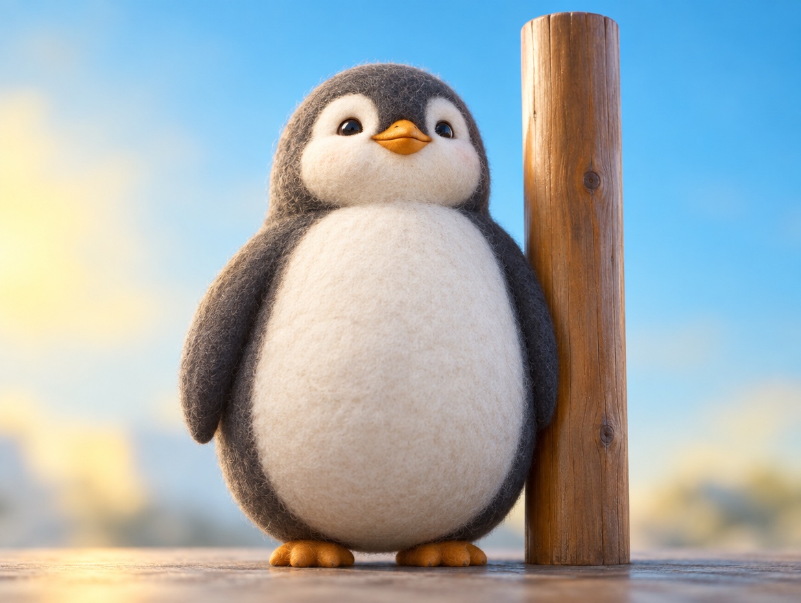 A felted wool penguin standing tall beside a wooden height measuring stick