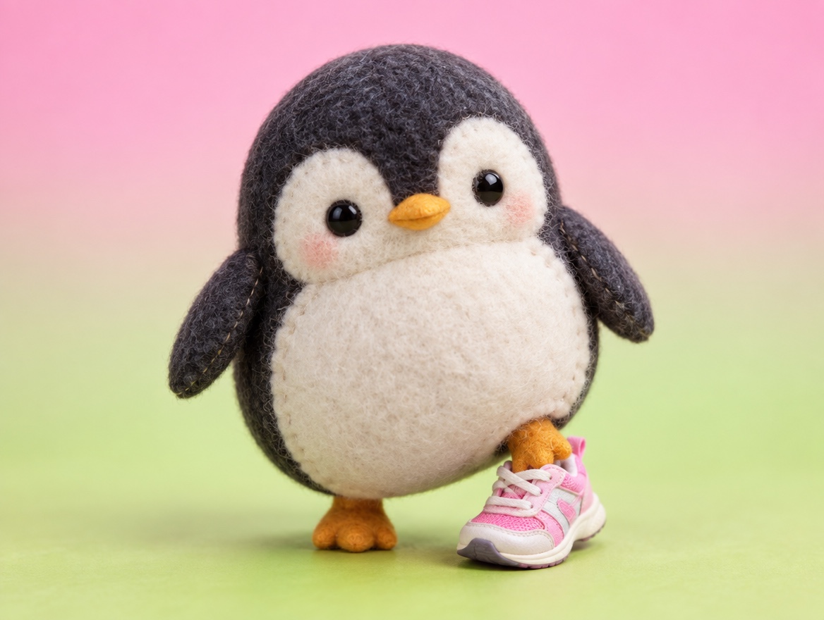 A chubby round hand-embroidered felt penguin gently stepping into one realistic small running shoe