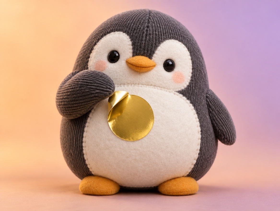 A cute corduroy and felt plush penguin peeling a real shiny blank gold sticker off its tummy