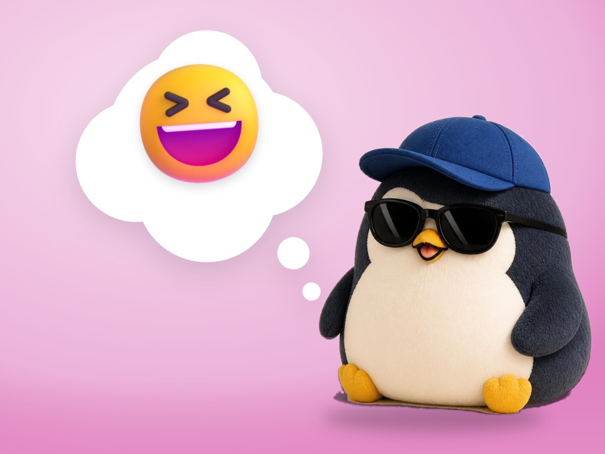 A cut-paper penguin laughing freely next to a slice of strawberry shortcake at a small party