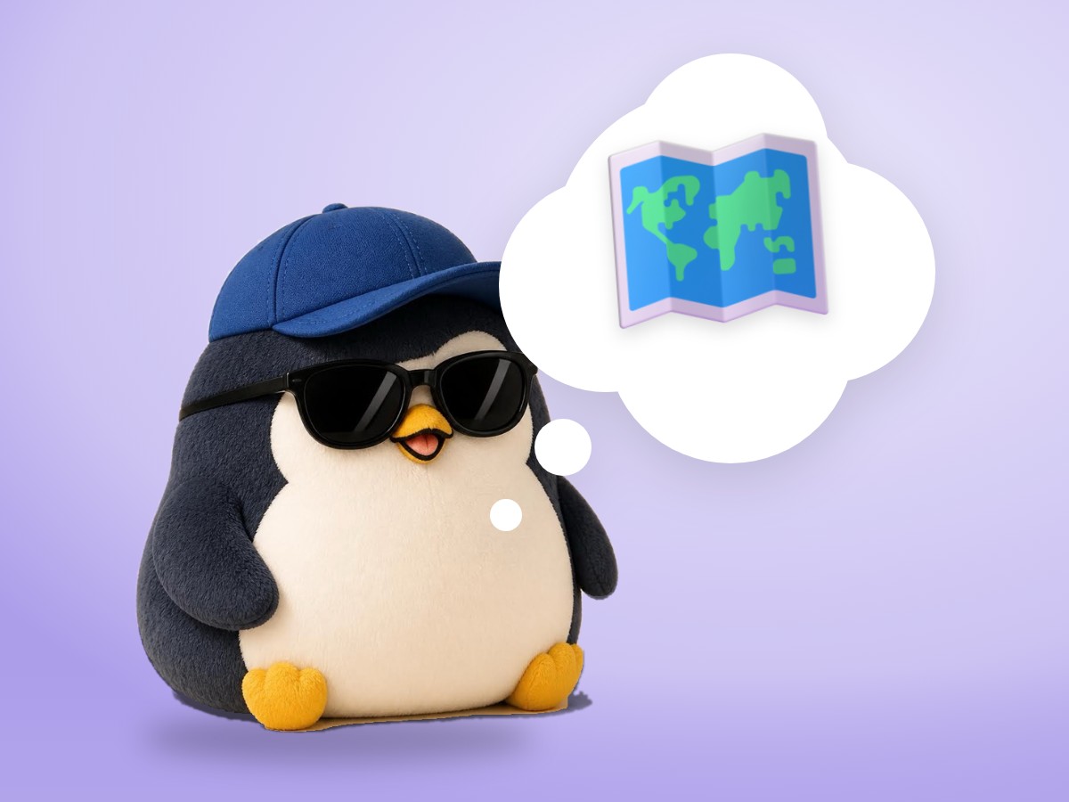 A chubby low-poly wood and paper penguin looking at a real folded paper map with two roads to a toy castle