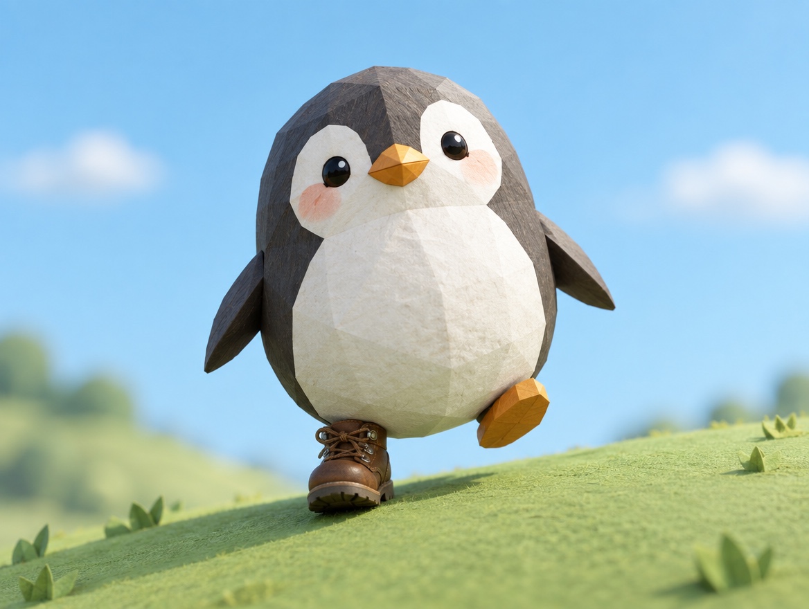 A chubby round penguin made of low-poly wood and paper walking up a gentle green paper hill in a realistic small hiking boot