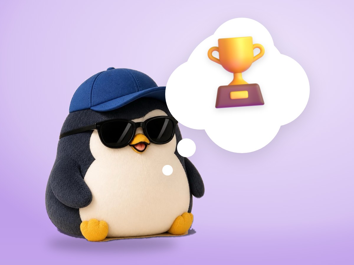 A layered cut paper diorama penguin proudly hugging one small realistic golden trophy