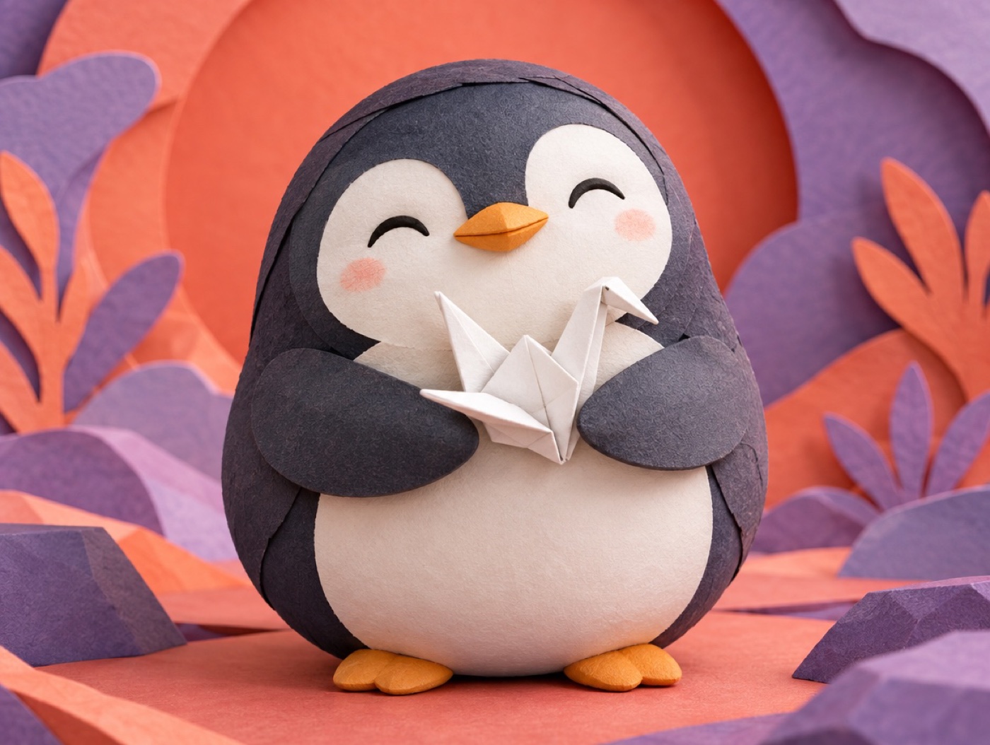 A layered paper penguin holding a white origami paper crane with a proud smile