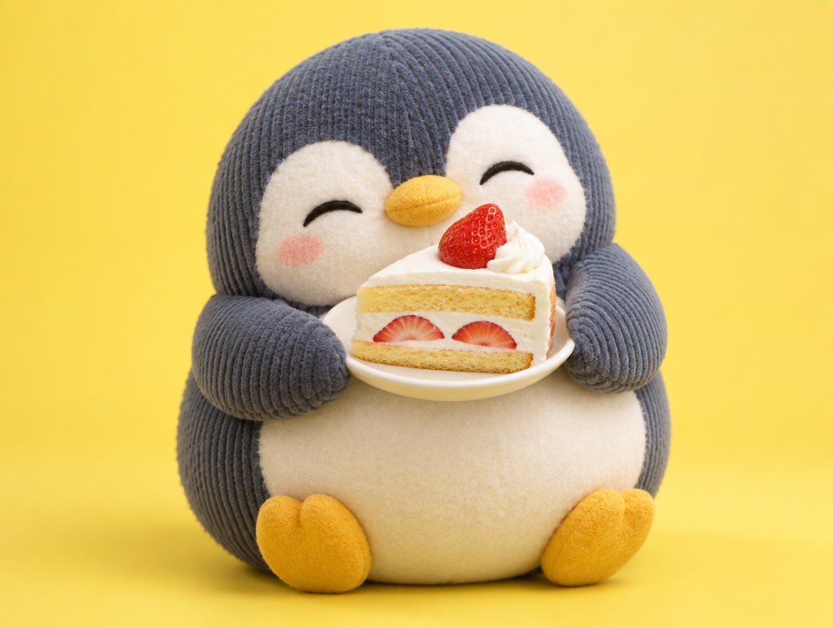 A chubby corduroy and felt plush penguin hugging a real slice of strawberry shortcake with a happy face