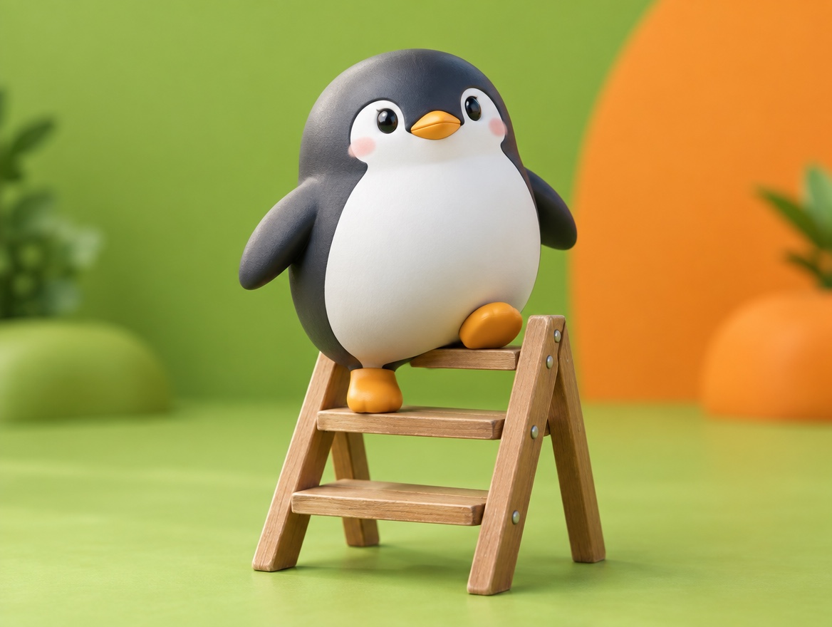 A chubby matte plastic model kit penguin climbing a small wooden step ladder