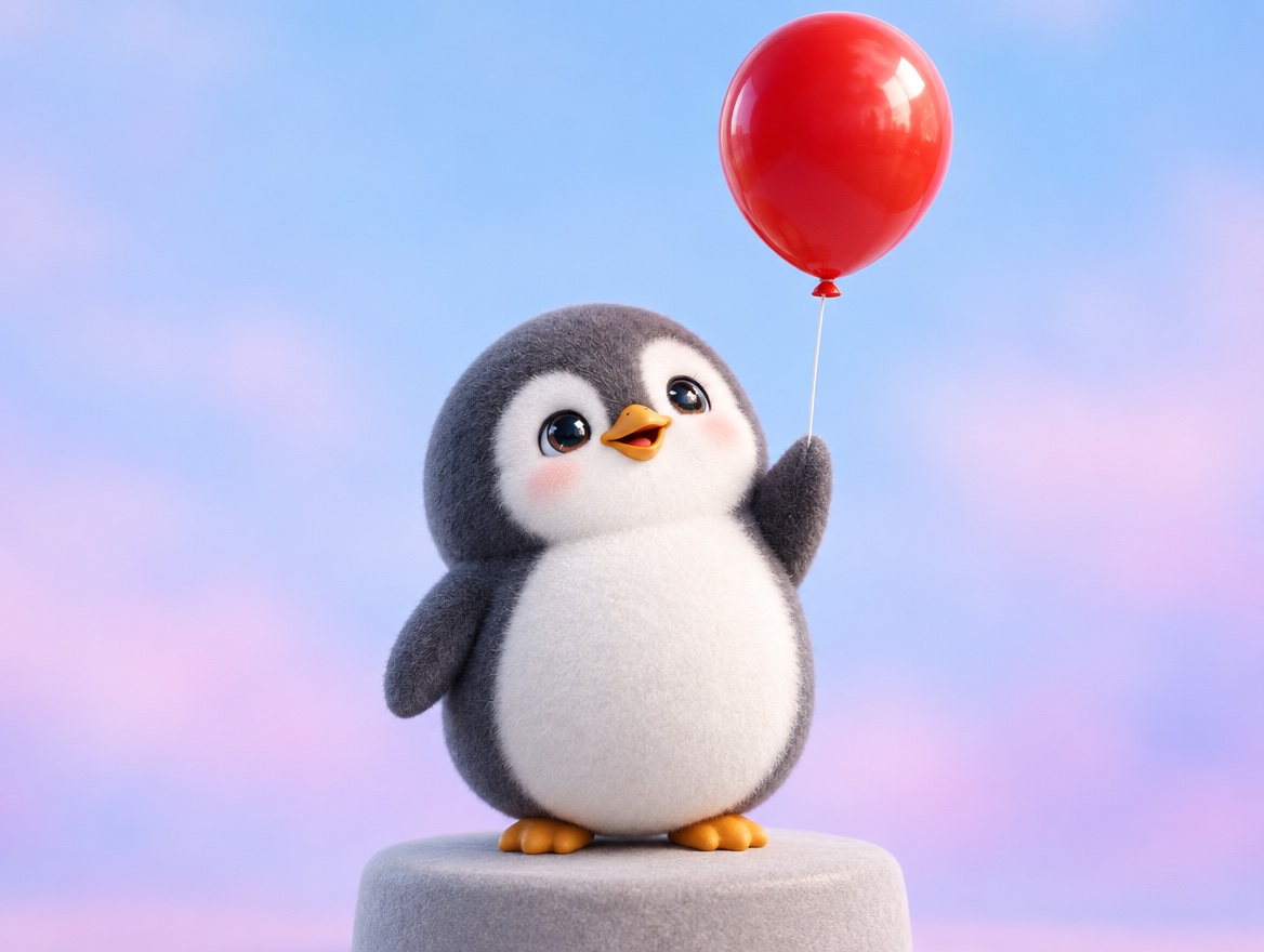 A chubby chenille yarn penguin happily pointing up at a real red balloon