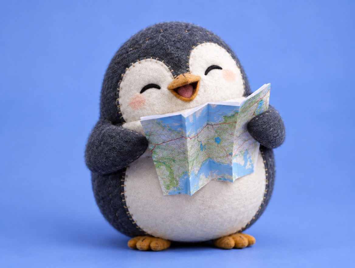 A chubby hand-embroidered felt penguin holding a real folded paper map upside down and laughing