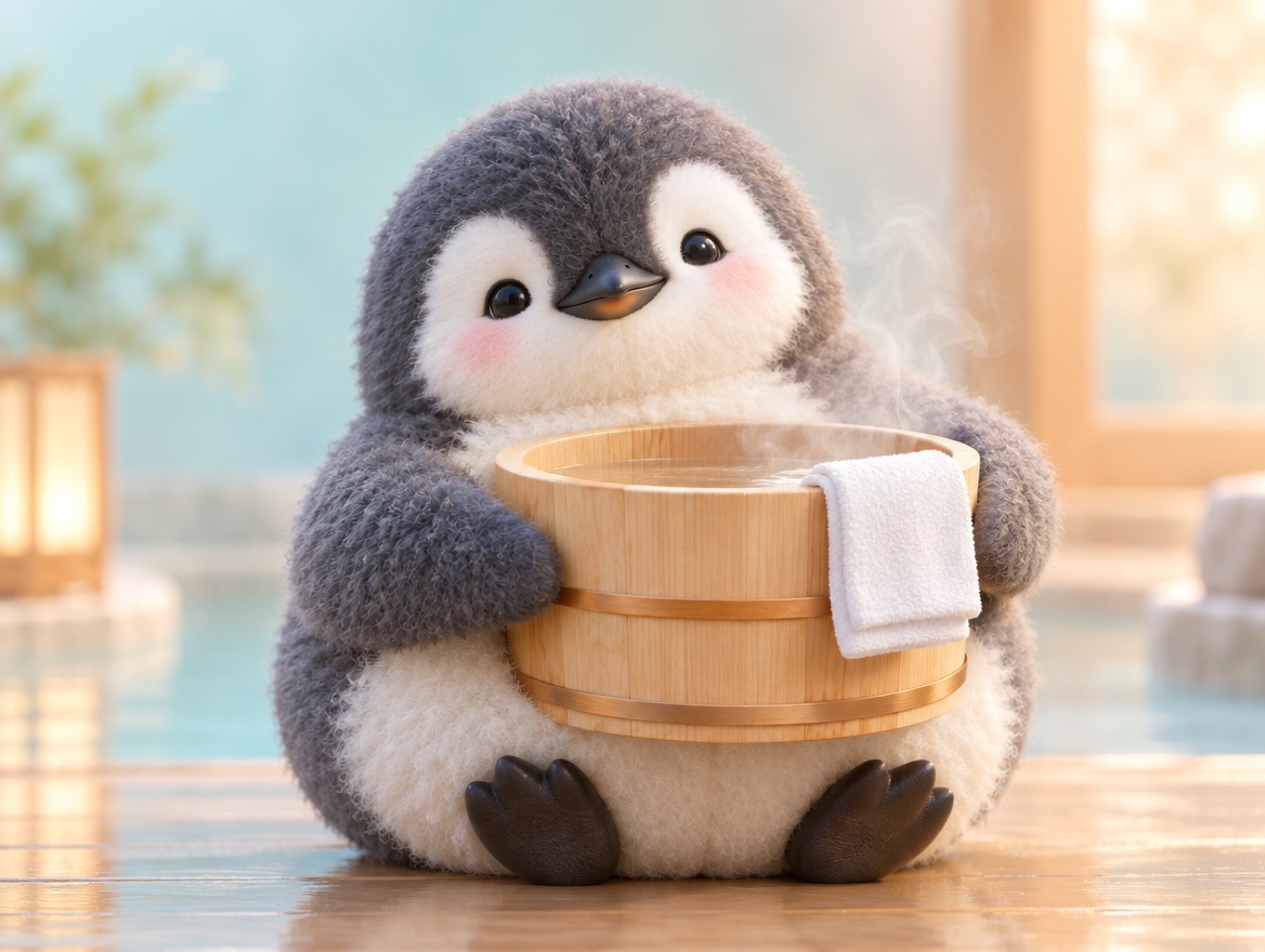 A chubby alpaca wool penguin hugging a real wooden bath bucket with soft steam