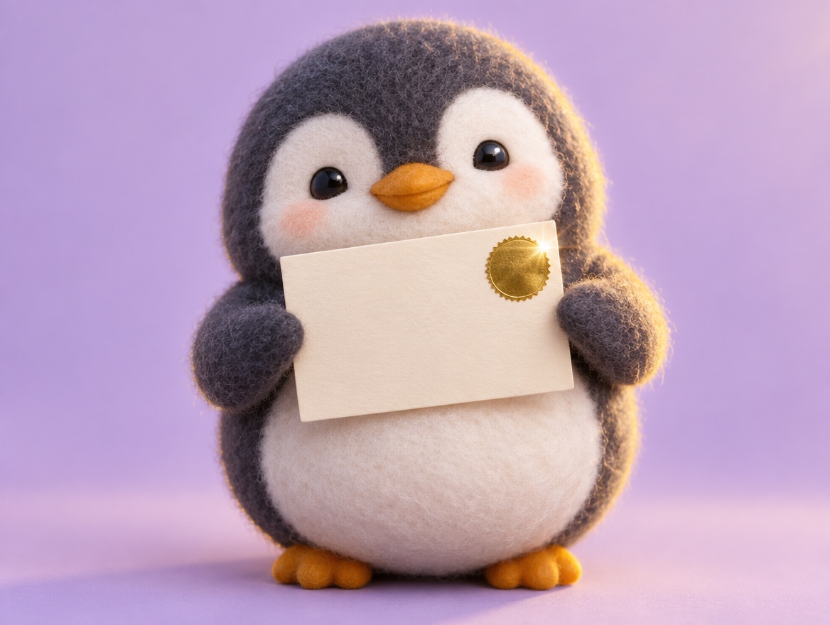 A felted wool penguin proudly holding a blank cream thank-you card with a shiny gold seal