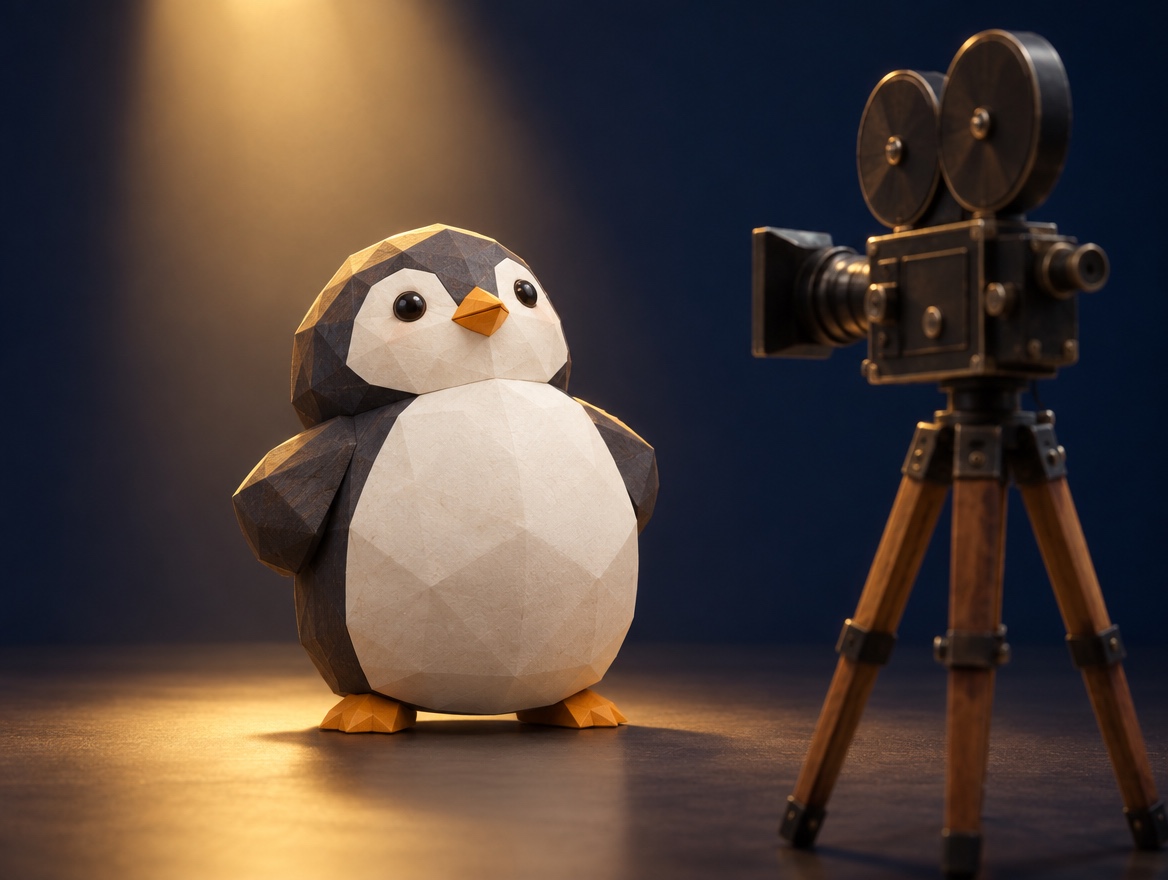 A chubby low-poly wood and paper penguin striking a brave pose in front of a vintage film camera on a tripod