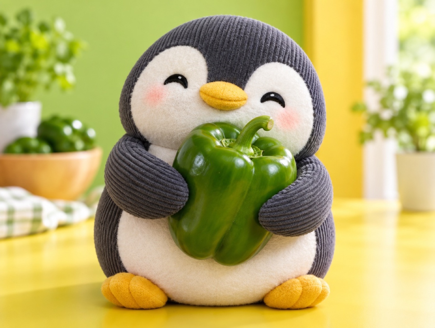 A plush corduroy penguin proudly hugging a big realistic green bell pepper
