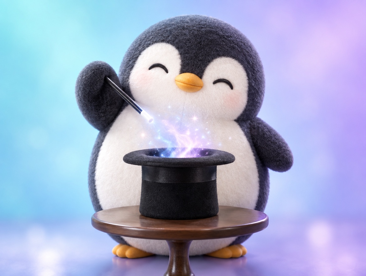 A cute chenille yarn penguin waving a real black magic wand over a real black top hat