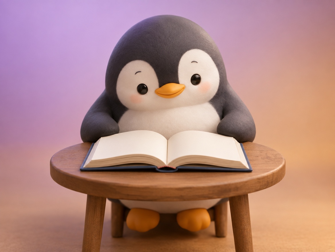 A chubby round penguin in layered cut paper sitting at a small table with a realistic open hardcover book in front of it