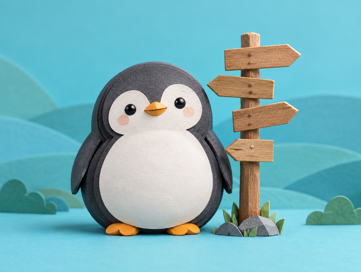 A chubby layered cut paper penguin standing calmly beside a real wooden signpost with arrows pointing in different directions