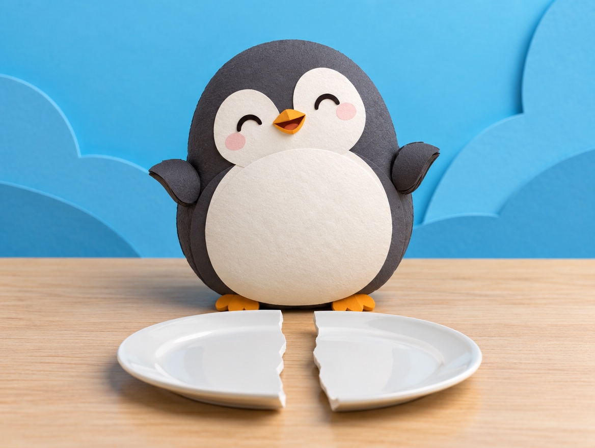 A cute cut-paper penguin smiling next to a real white plate broken cleanly in two