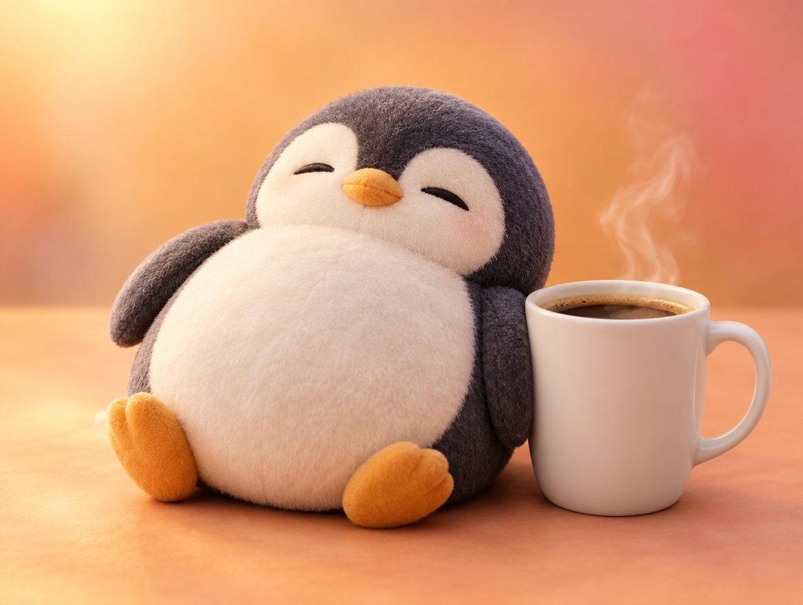 A chubby boucle wool penguin relaxing next to a real mug of americano coffee