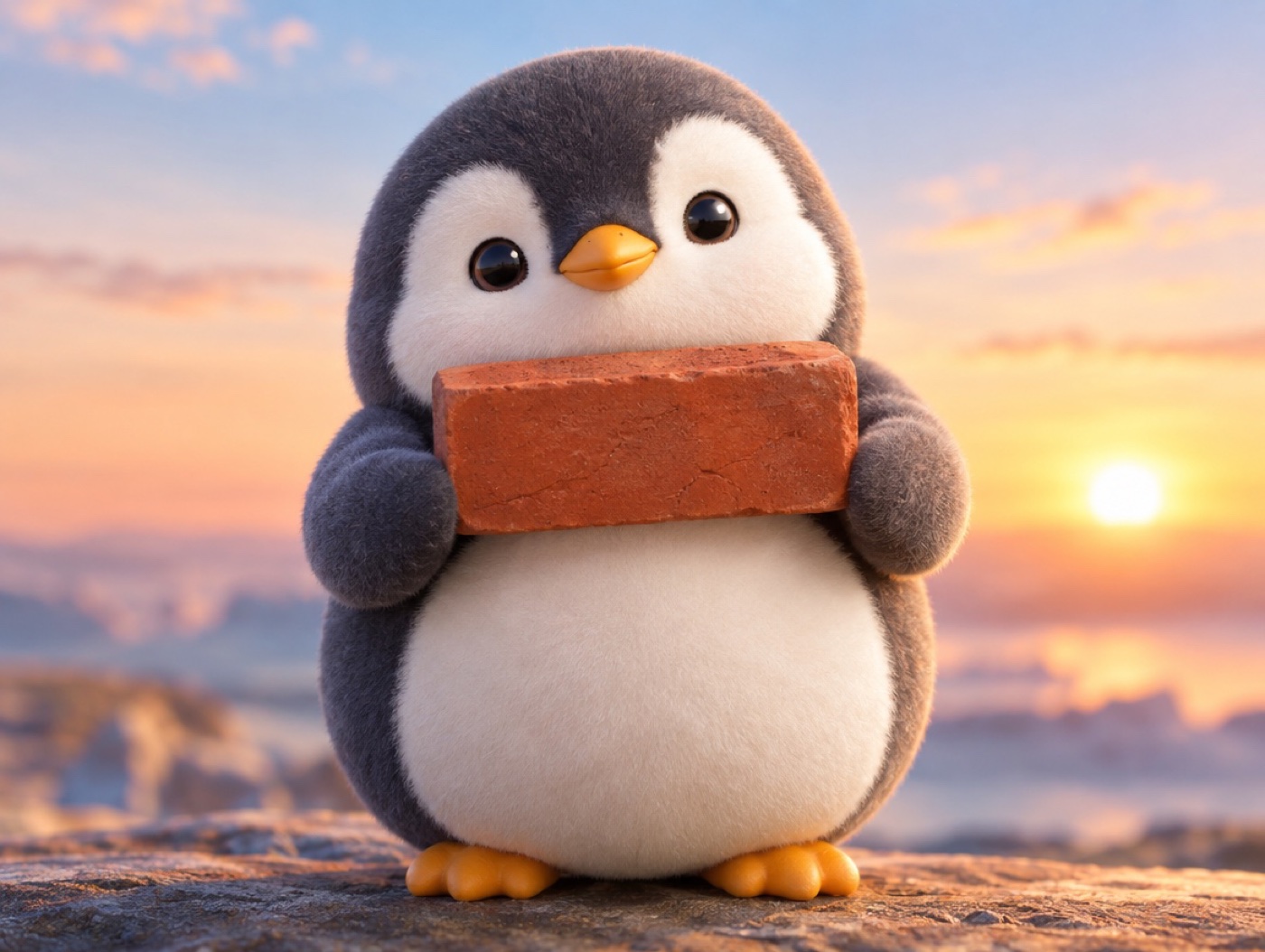 A chubby boucle wool penguin proudly holding one realistic red clay brick in front of a soft sunrise