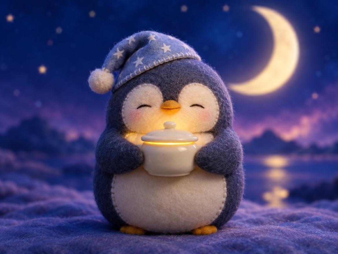 A chubby hand-embroidered felt penguin in a nightcap holding a realistic ceramic jar that glows softly under a crescent moon
