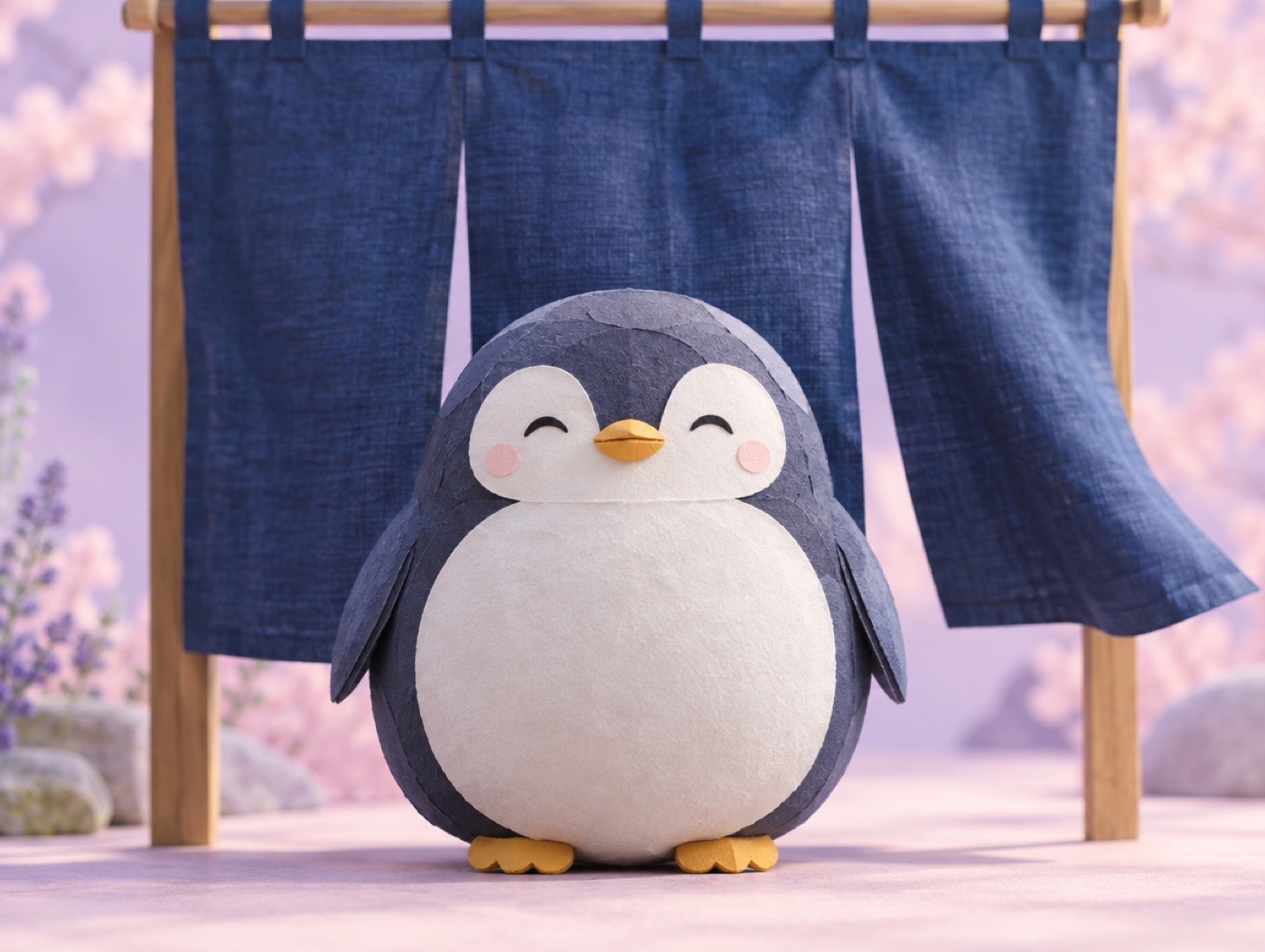 A layered cut paper penguin calmly standing in front of a realistic indigo fabric shop curtain