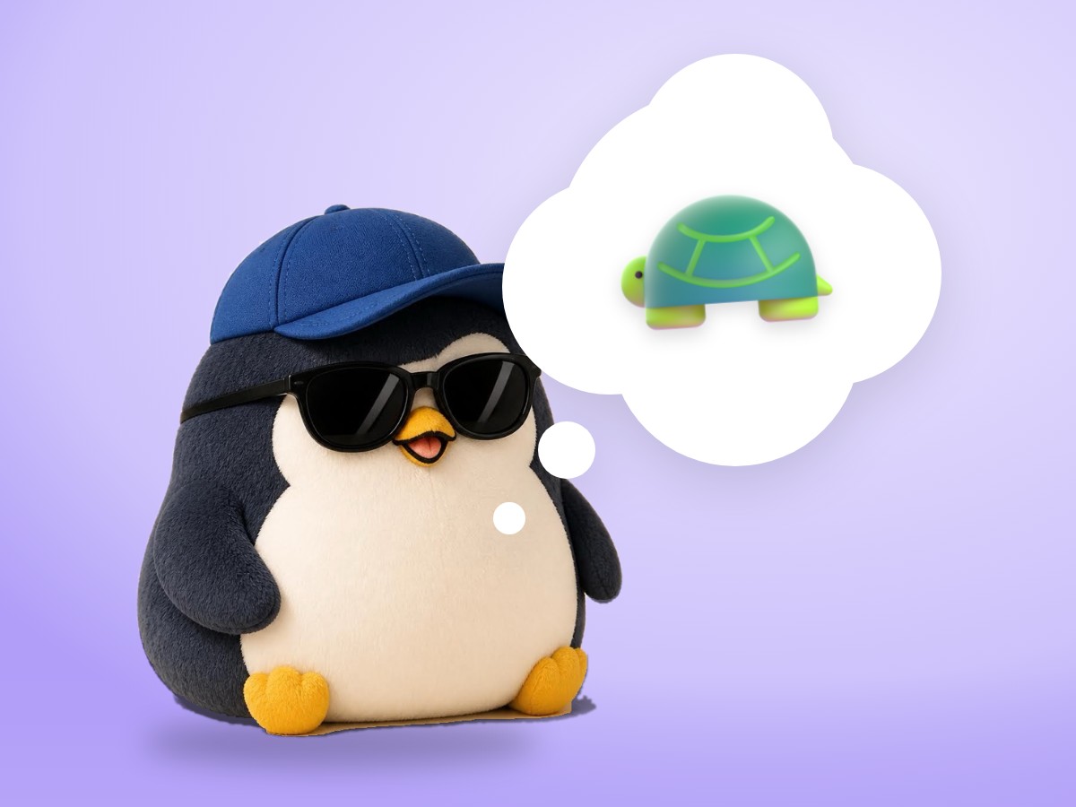 A felted wool penguin standing calmly in front of a vintage microphone next to a wooden chair