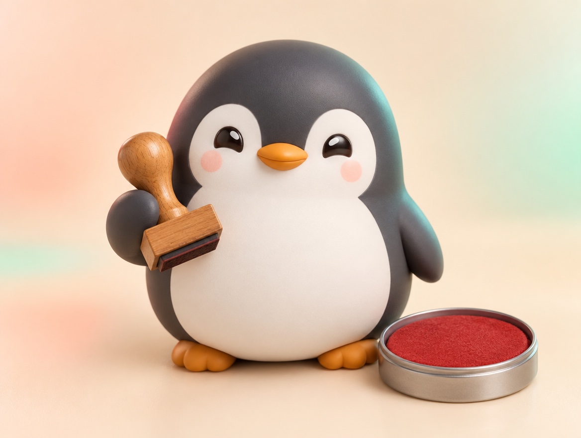 A boucle wool penguin holding a wooden rubber stamp next to a red ink pad