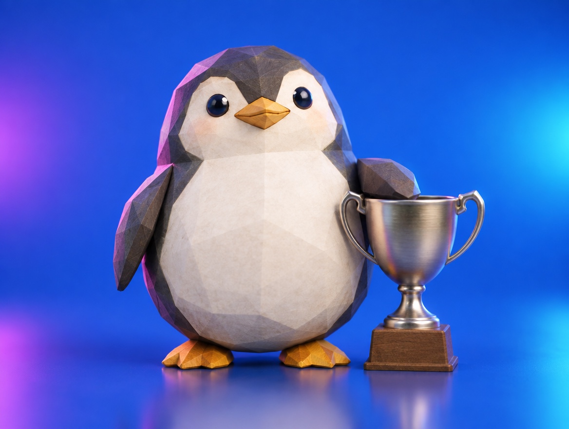A low-poly wood and paper penguin standing next to a small shiny brushed metal trophy cup