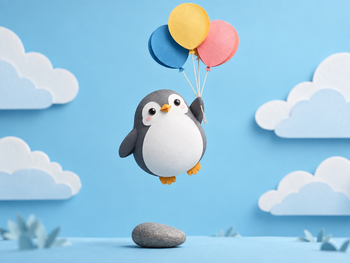 A chubby layered cut paper penguin floating up with a few colorful balloons, leaving a small grey stone on the ground
