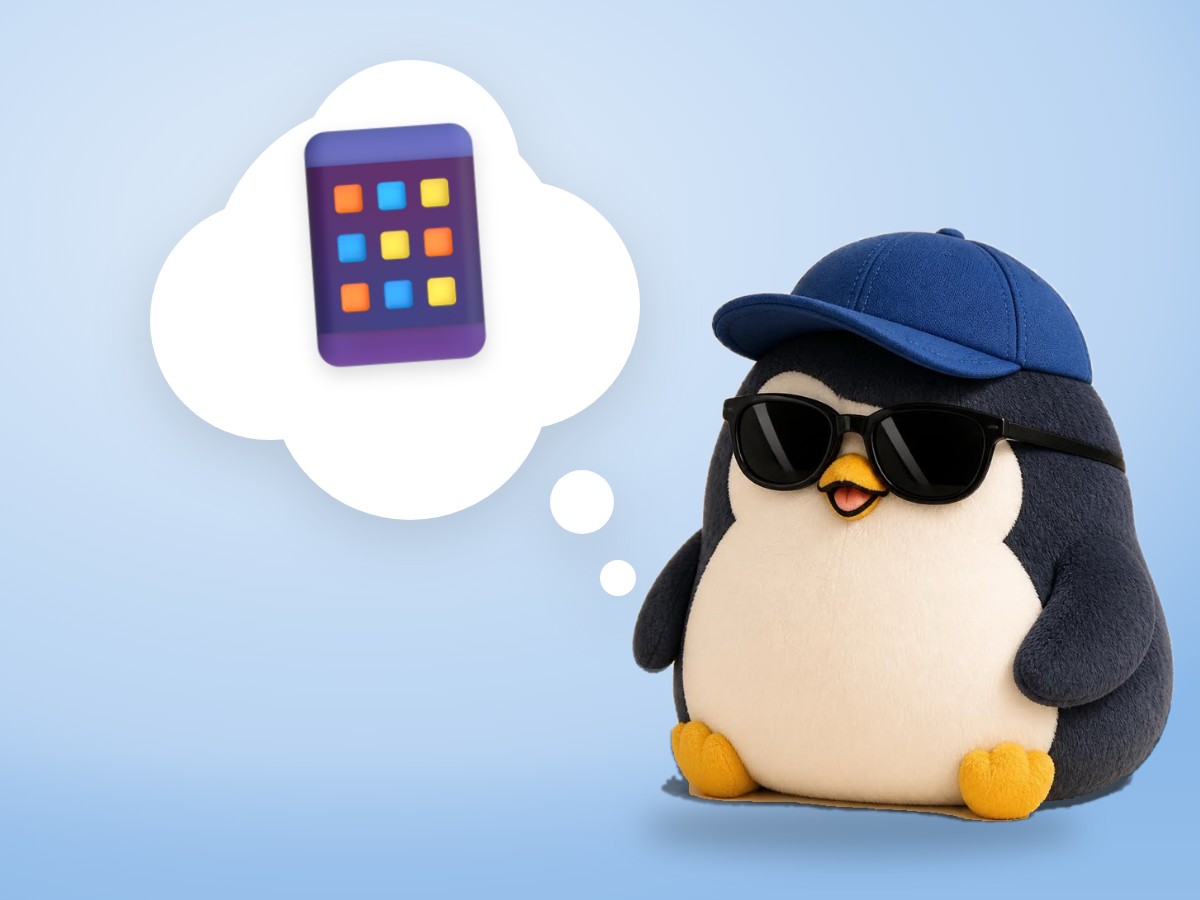 A navy plush penguin with sunglasses thinking about a pile of videos in a thought bubble