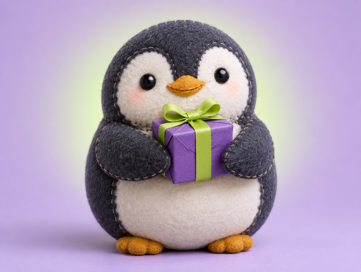 A hand-embroidered felt penguin holding a small gift box close to its chest with a calm smile