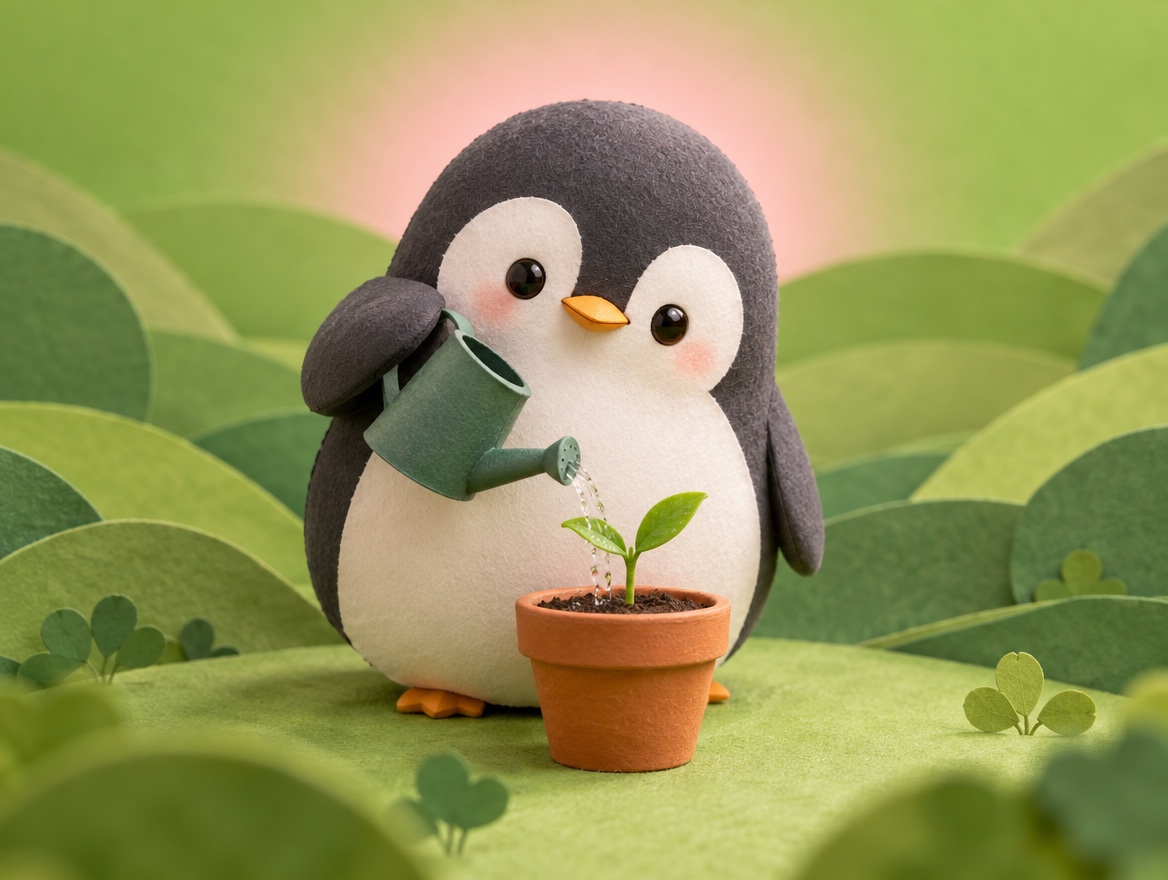 A chubby layered cut paper penguin watering a realistic small terracotta pot with a fresh green sprout