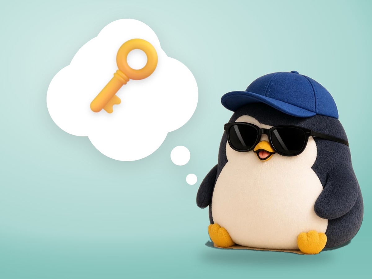 A chubby low-poly wood and paper penguin hugging a real old wooden treasure chest with two brass padlocks