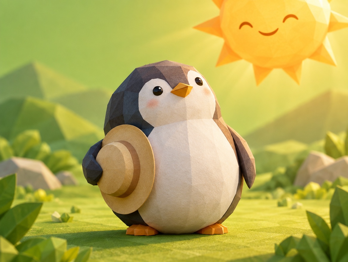 A low-poly wood and paper penguin holding a straw sun hat in bright sunshine