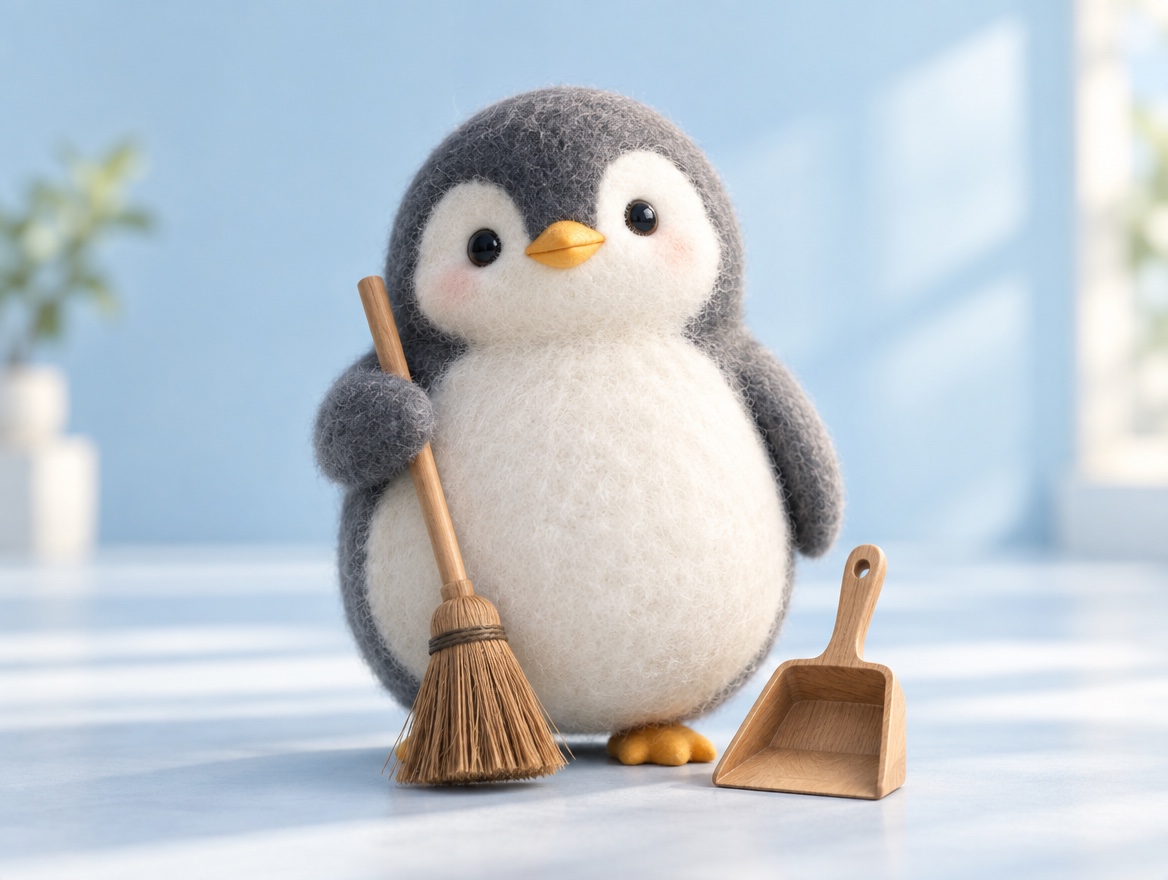 A chubby felted wool penguin proudly holding a small hand broom and dustpan in a bright, tidy room
