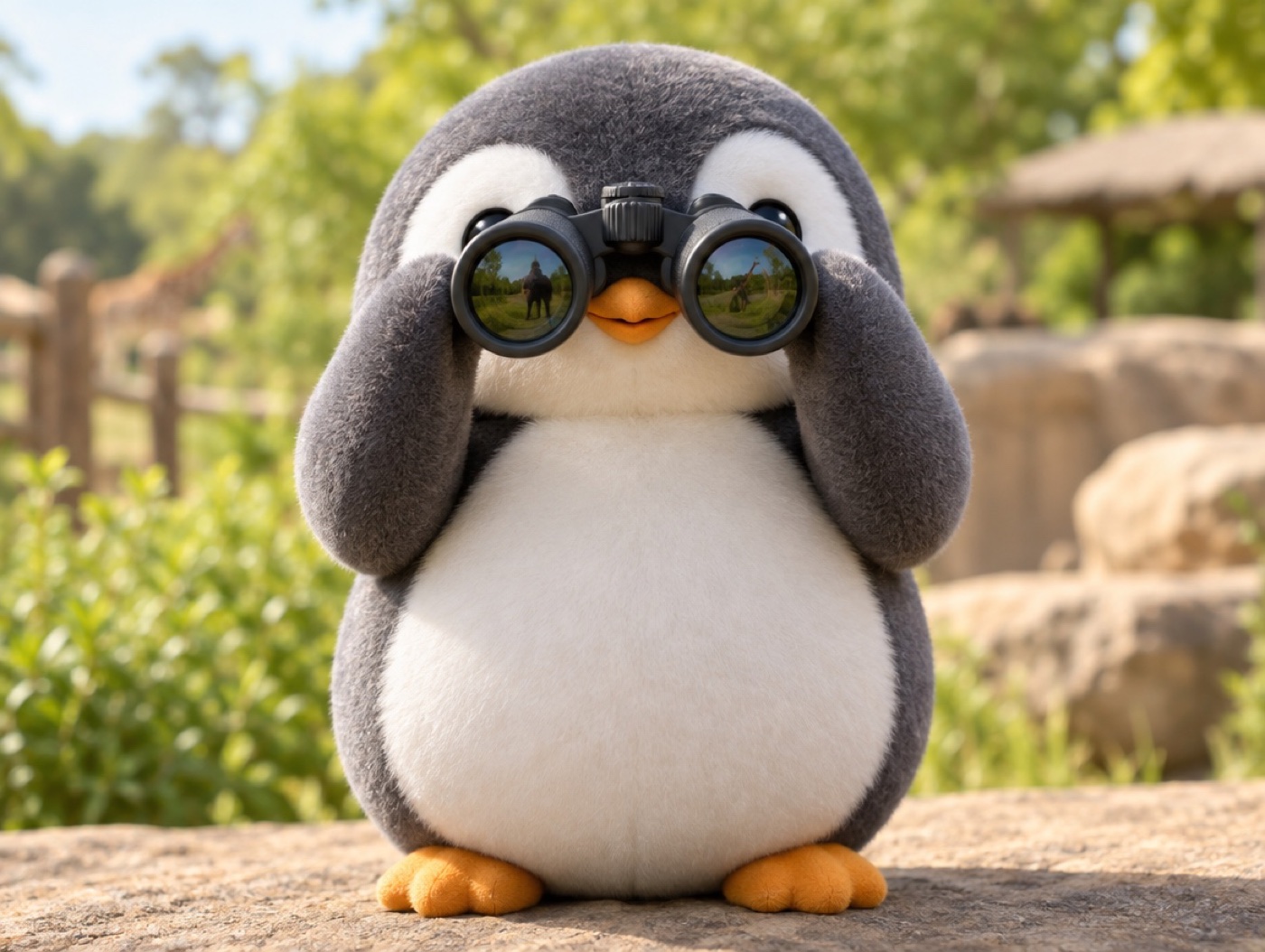 A boucle wool penguin looking through realistic binoculars with a curious smile