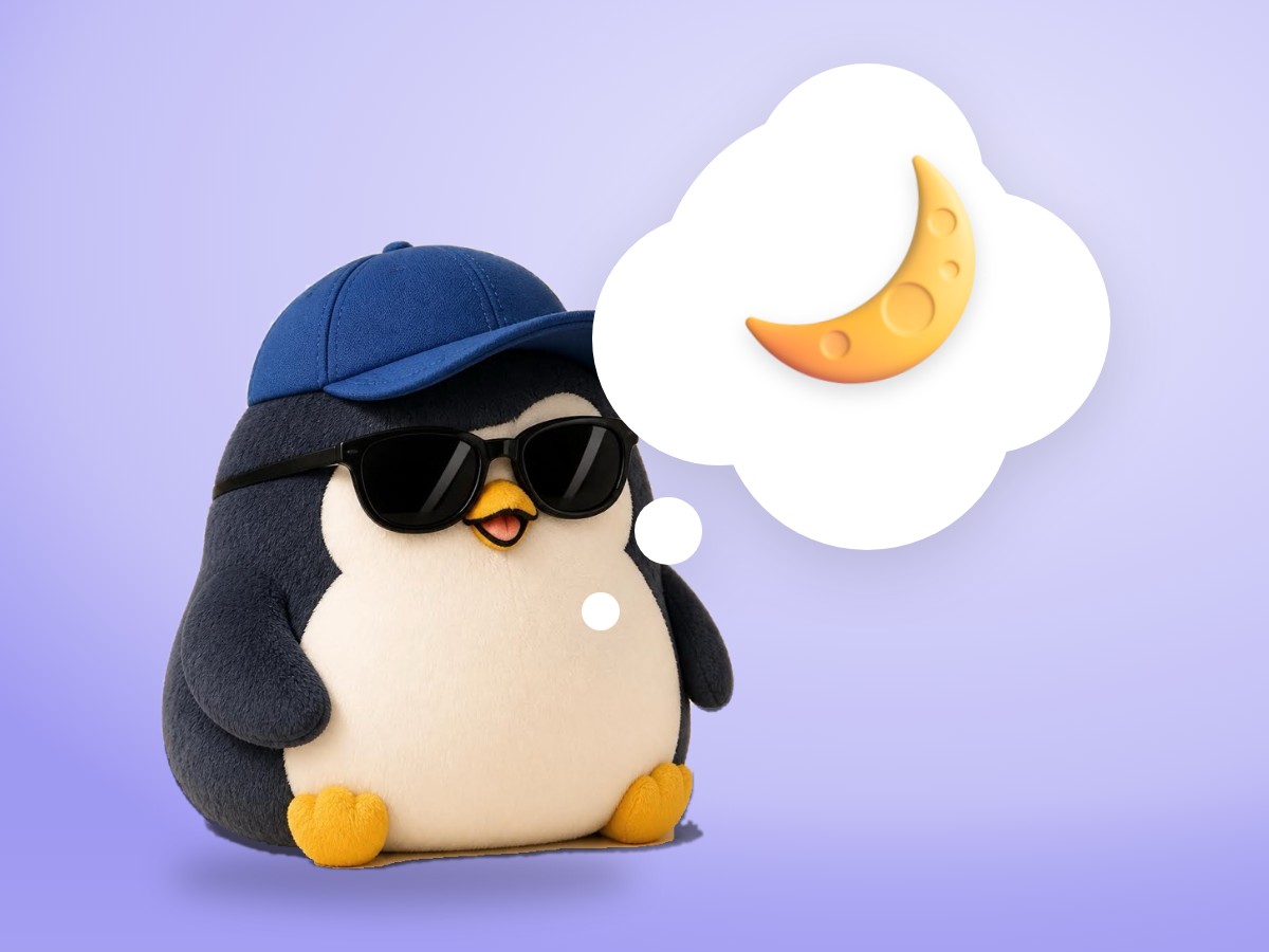 A chubby round penguin made of alpaca wool resting peacefully in a soft canvas hammock with its eyes closed