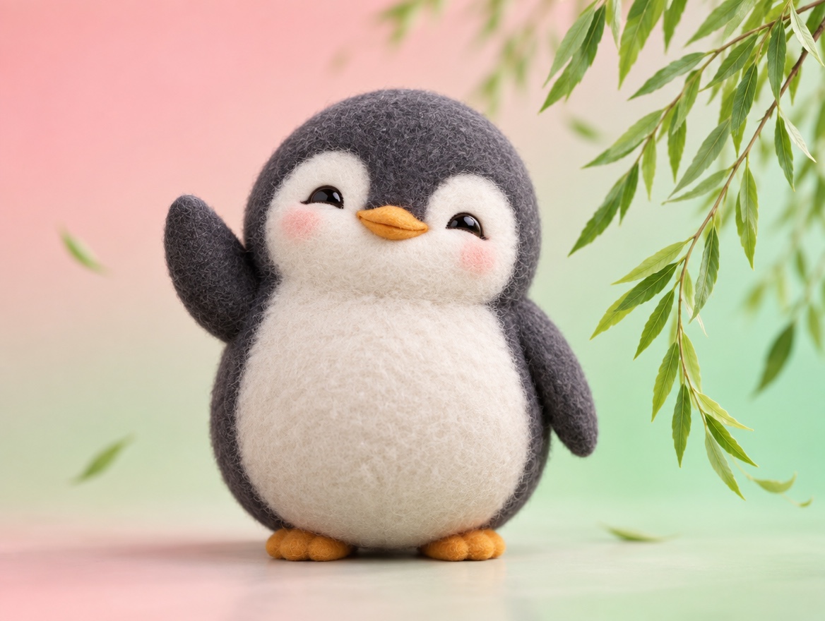 A crocheted penguin waving happily next to a swaying willow branch