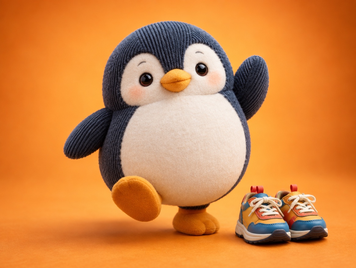 A chubby corduroy plush penguin happily marching next to a pair of small running shoes on a bright orange background