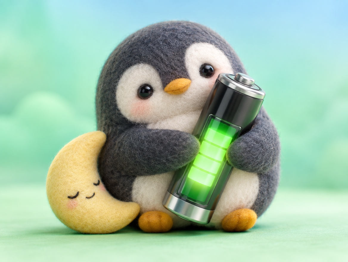 A chubby penguin made of soft felted wool hugging a big realistic battery with a glowing green charge light