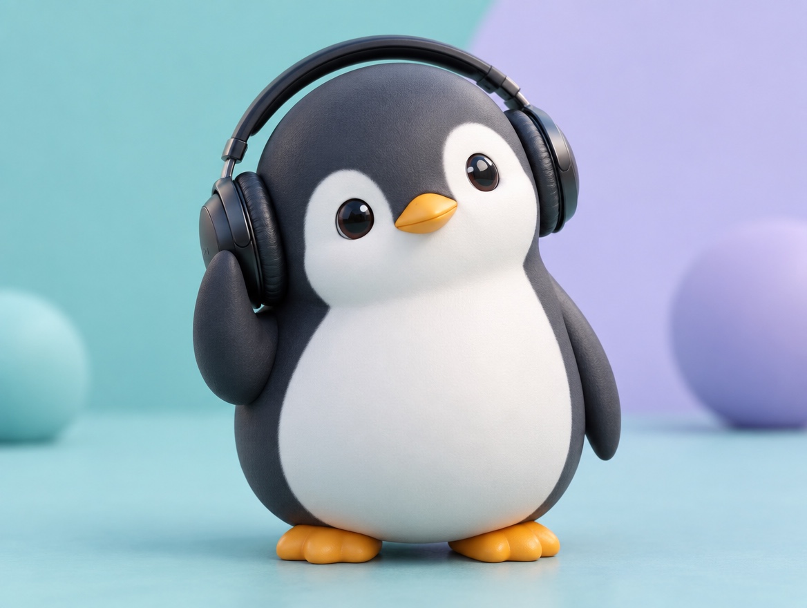 A matte plastic model kit penguin wearing realistic headphones and listening carefully