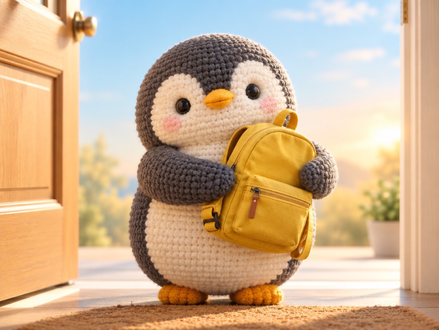 A chubby crocheted penguin holding a small yellow backpack, ready to go out