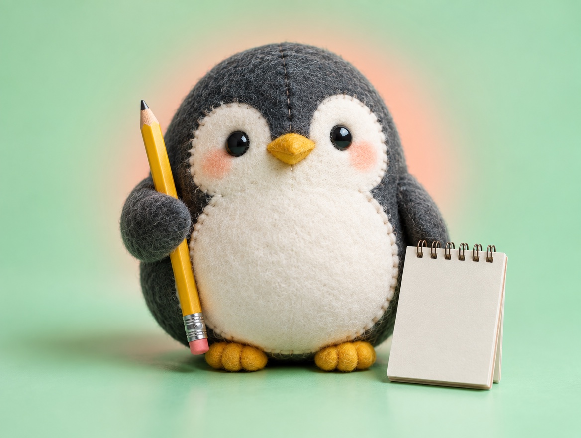 A chubby hand-embroidered felt penguin holding a realistic yellow pencil next to a small paper notepad