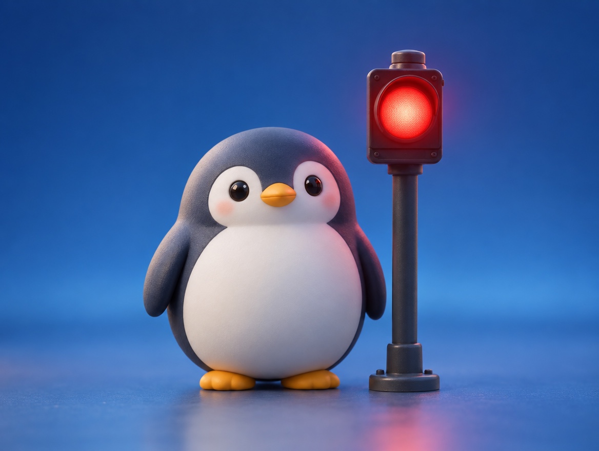 A chubby round matte plastic model-kit penguin standing beside a realistic small traffic light showing red