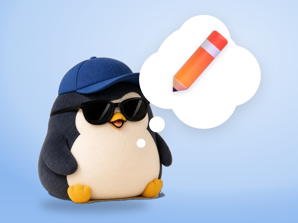 A chubby brushed mohair penguin holding a yellow pencil over a single sheet of paper on a bright blue and yellow background